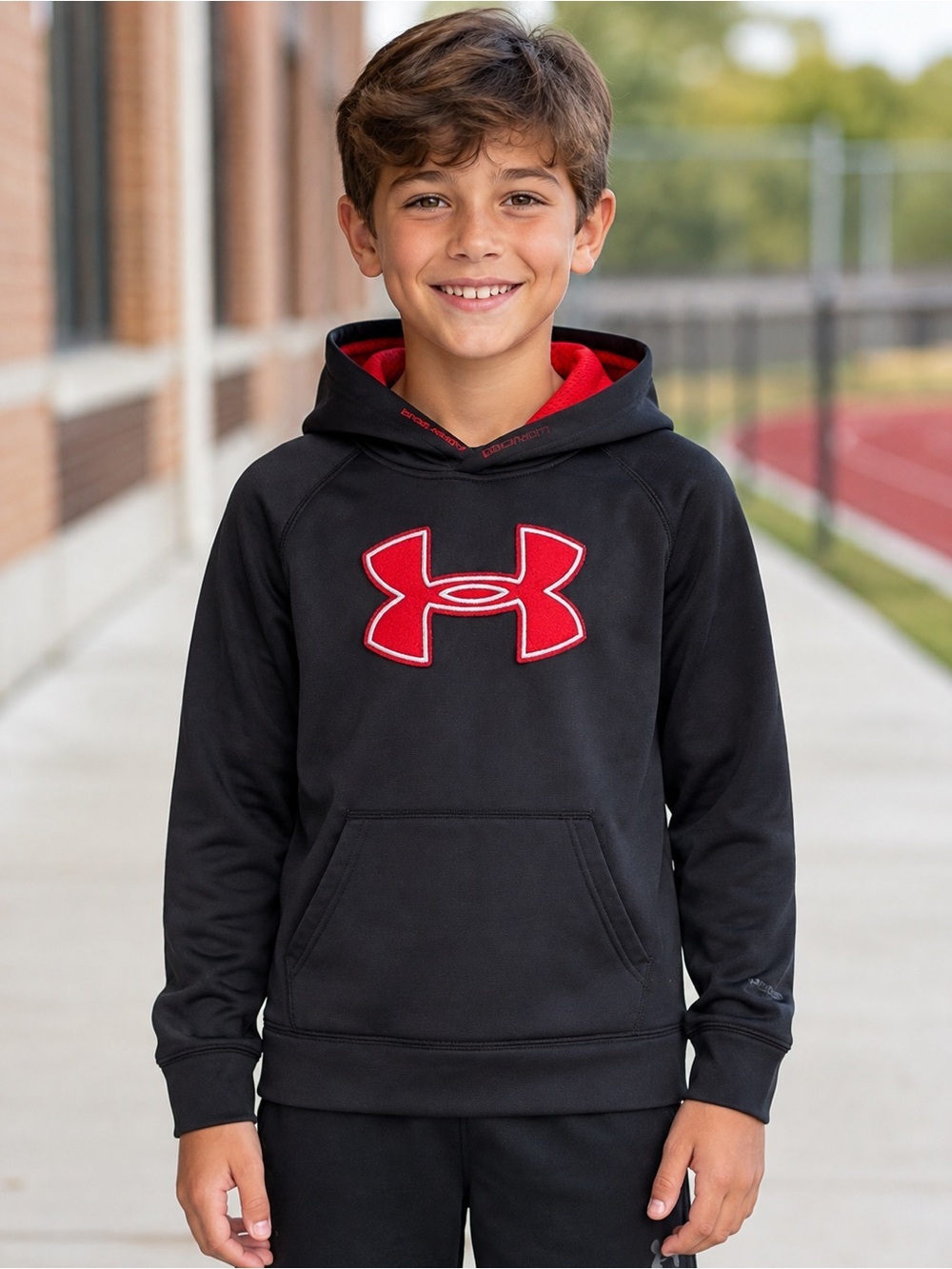 Under Armour Armour Fleece Storm Big Logo Boys Pullover Hoodie Black Red Youth S